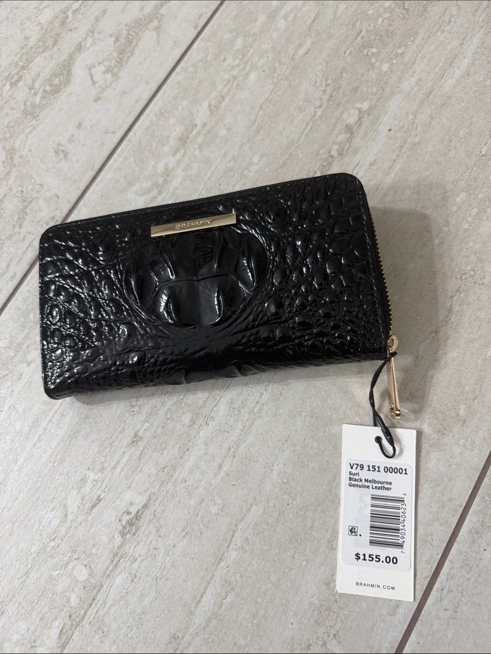 Brahmin Black Croc-Embossed Zip Wallet with Gold Hardware NWT.. authentic